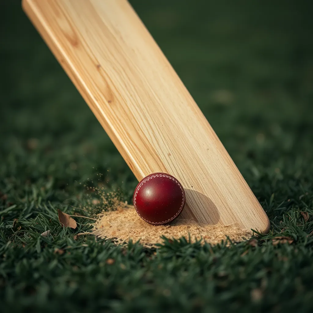 A close-up of a cricket bat making contact with a red leather ball.