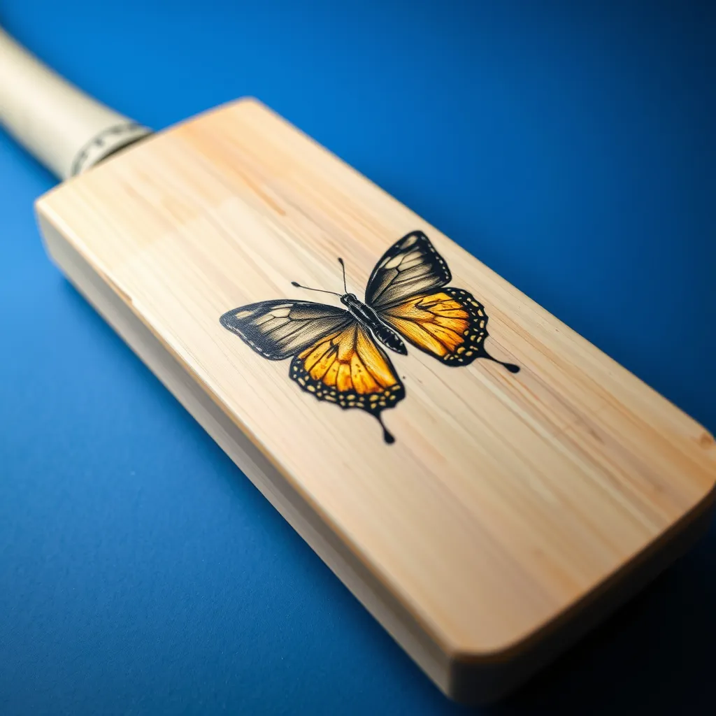 A Grade 3 cricket bat featuring a natural butterfly mark on the willow.