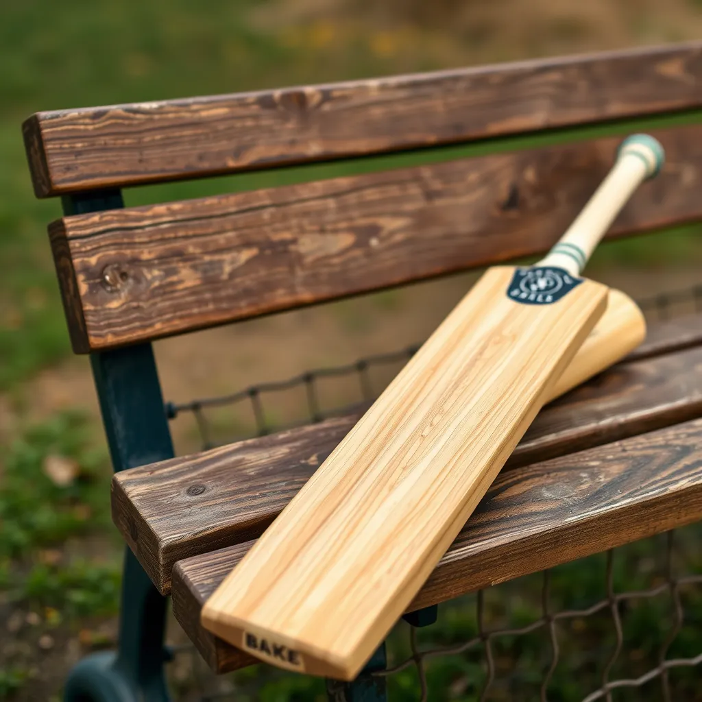 A standard adult cricket bat resting on a wooden dugout bench.