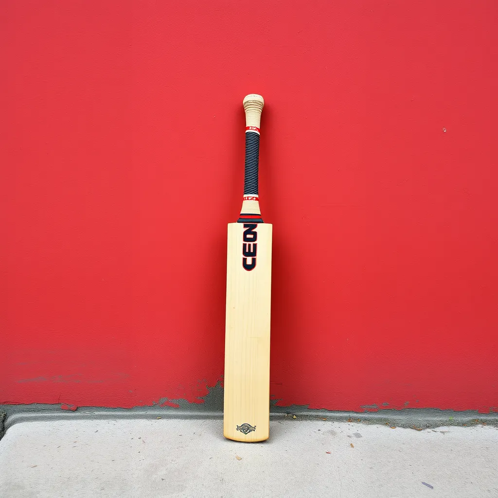 A cricket bat leaning vertically against a textured red brick wall.