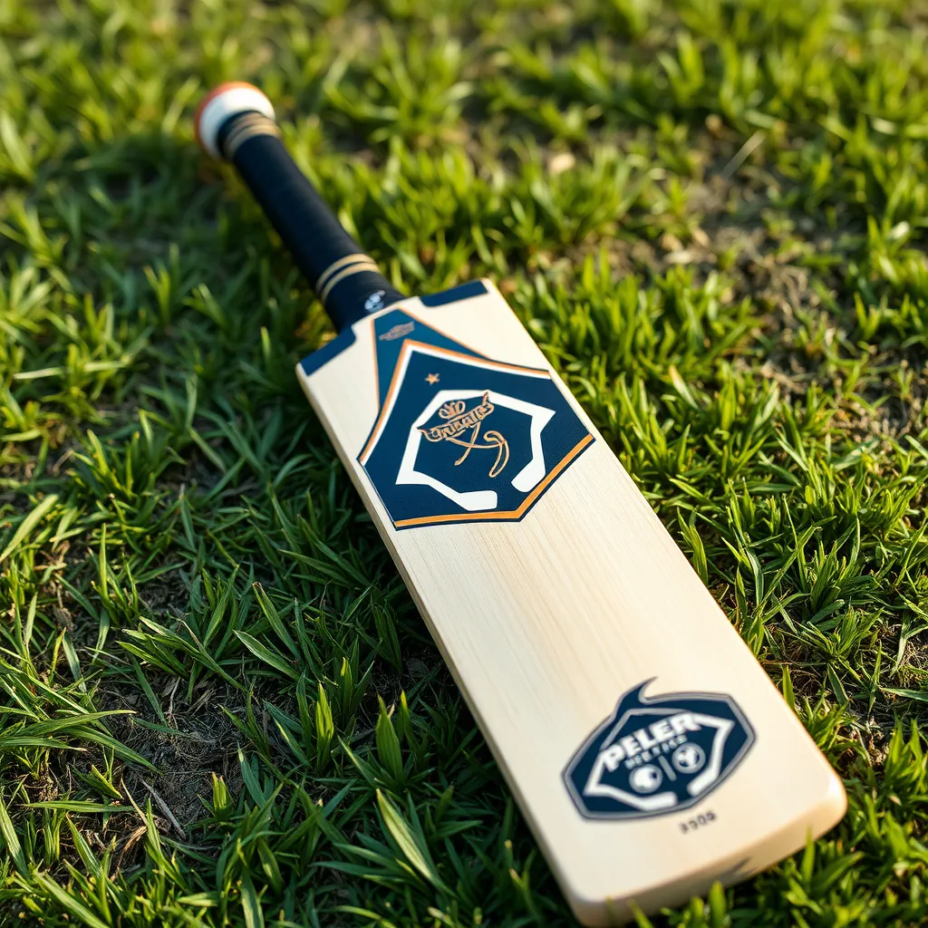 A cricket bat lying horizontally on a well-maintained grass pitch.