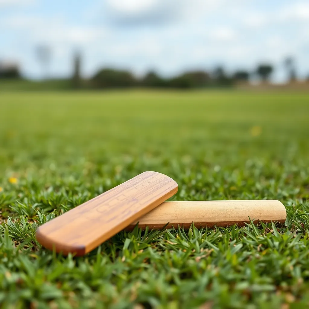 A junior-sized cricket bat resting on a green grass field.