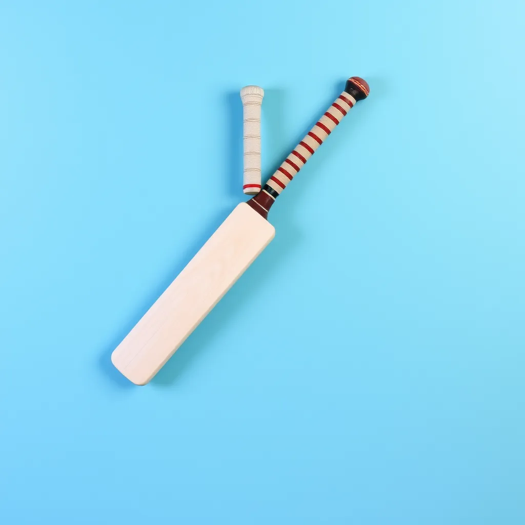 A smaller sized junior cricket bat centered on a solid blue background.