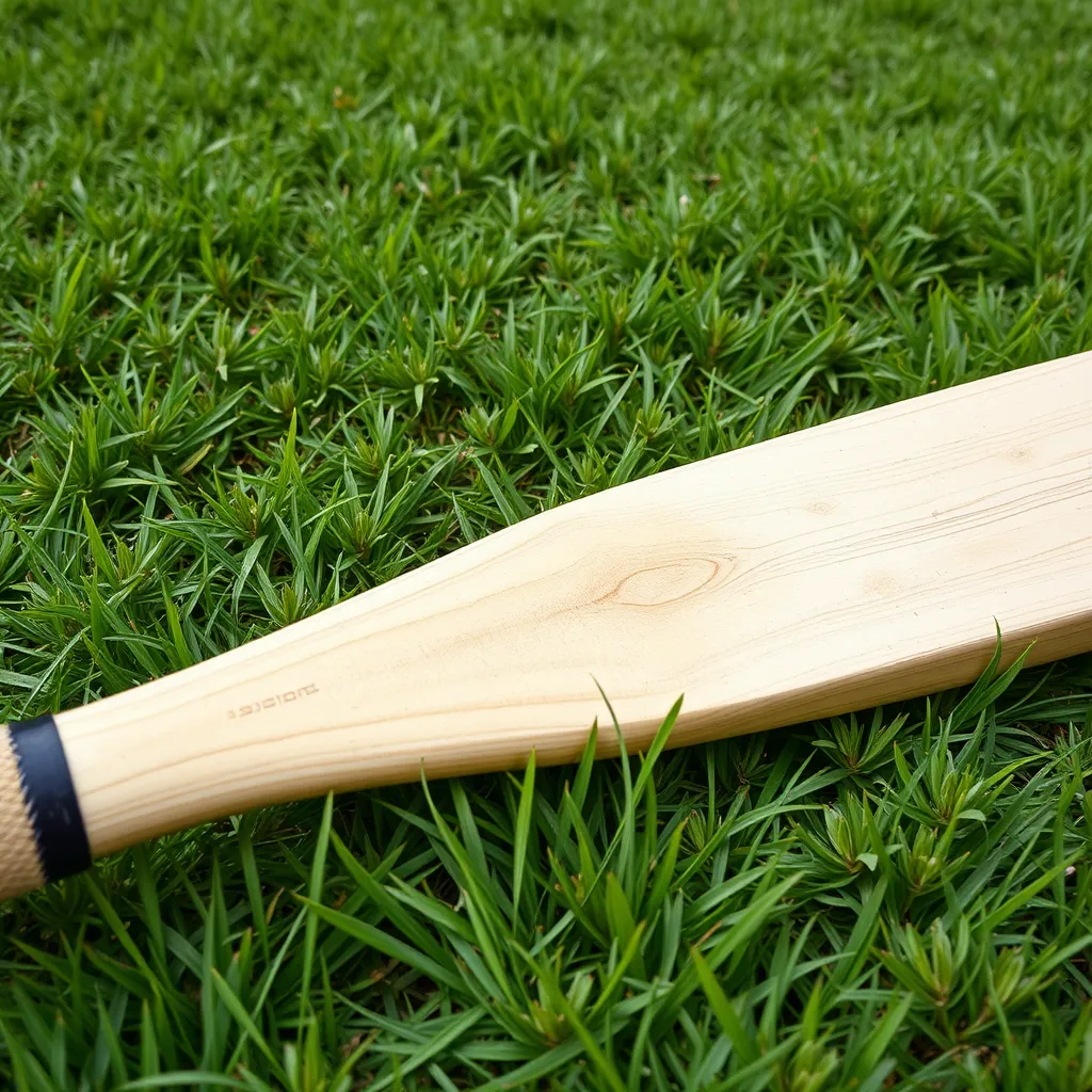 A high-quality willow cricket bat lying on a green grass field.