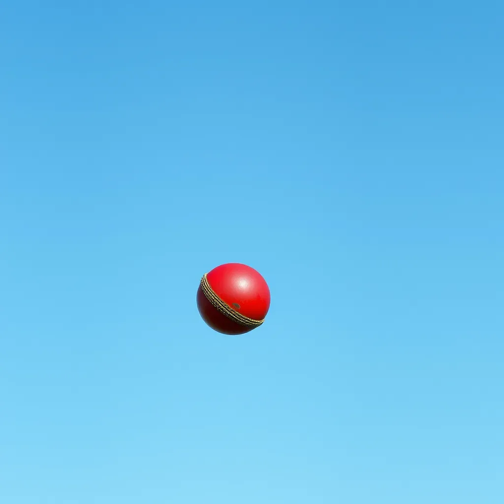 A red cricket ball suspended high in the air against a clear blue background.