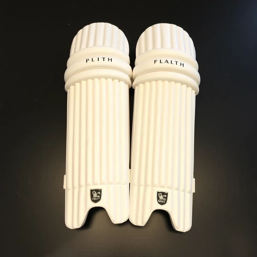 A pair of white protective cricket batting pads on a plain dark background.